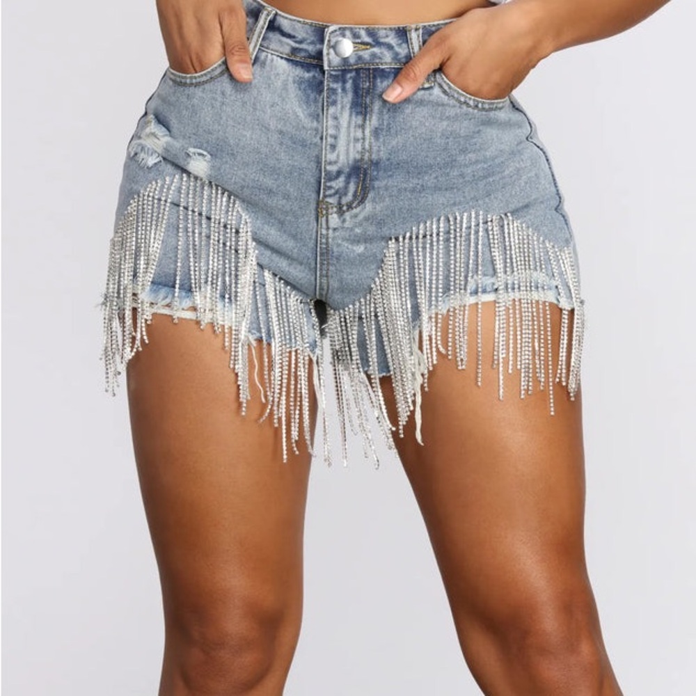 Windsor Blue and Silver Jean Shorts with Metallic Fringe